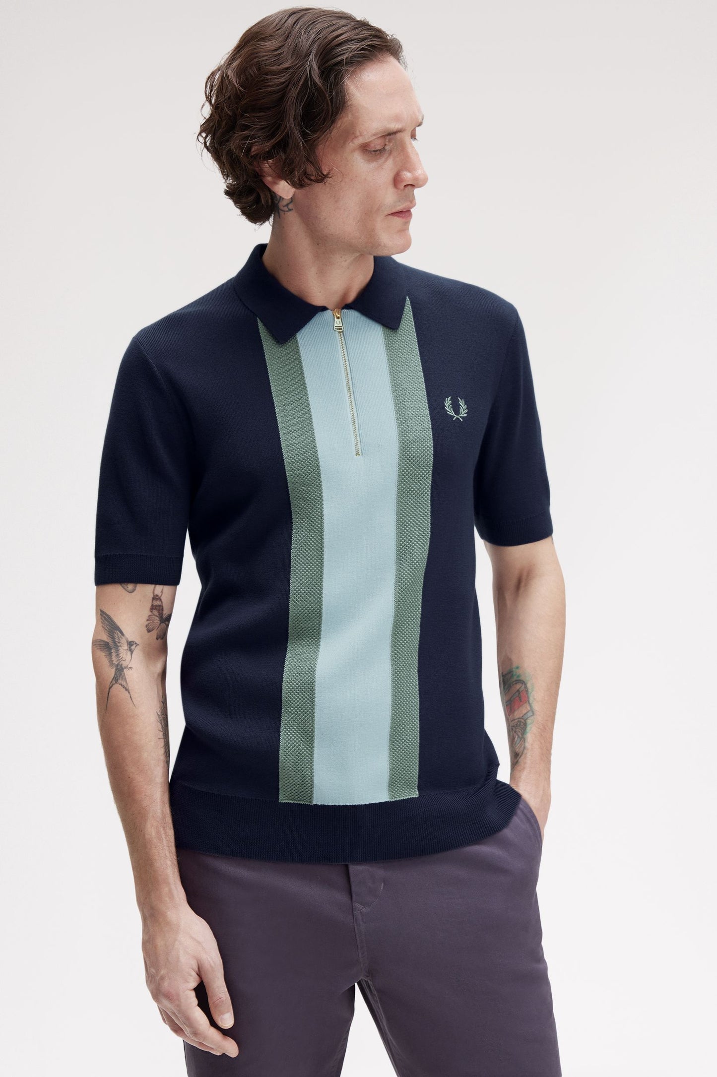 Fred Perry - TEXTURED STRIPE KNITTED SHIRT - Dark Airforce