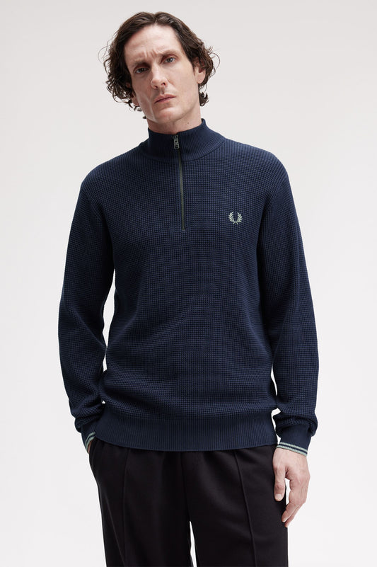 Fred Perry WAFFLE STITCH HALF ZIP JUMPER - Dark Airforce
