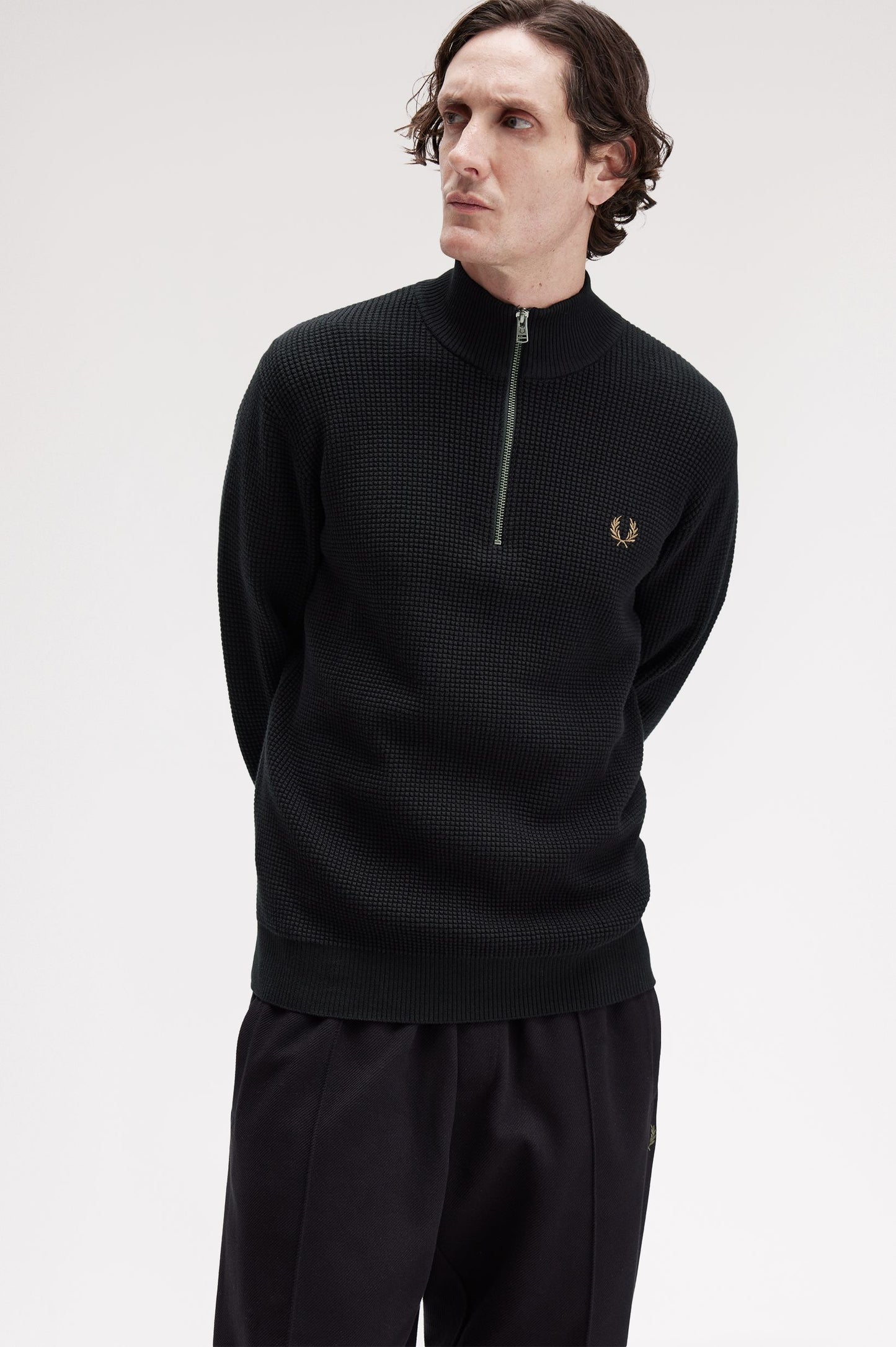 Fred Perry WAFFLE STITCH HALF ZIP JUMPER - Black