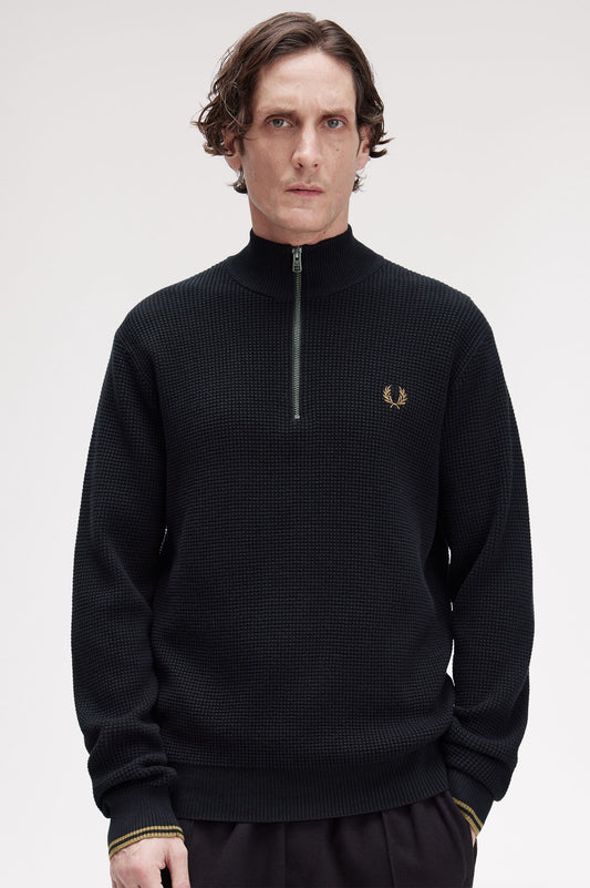 Fred Perry WAFFLE STITCH HALF ZIP JUMPER - Black