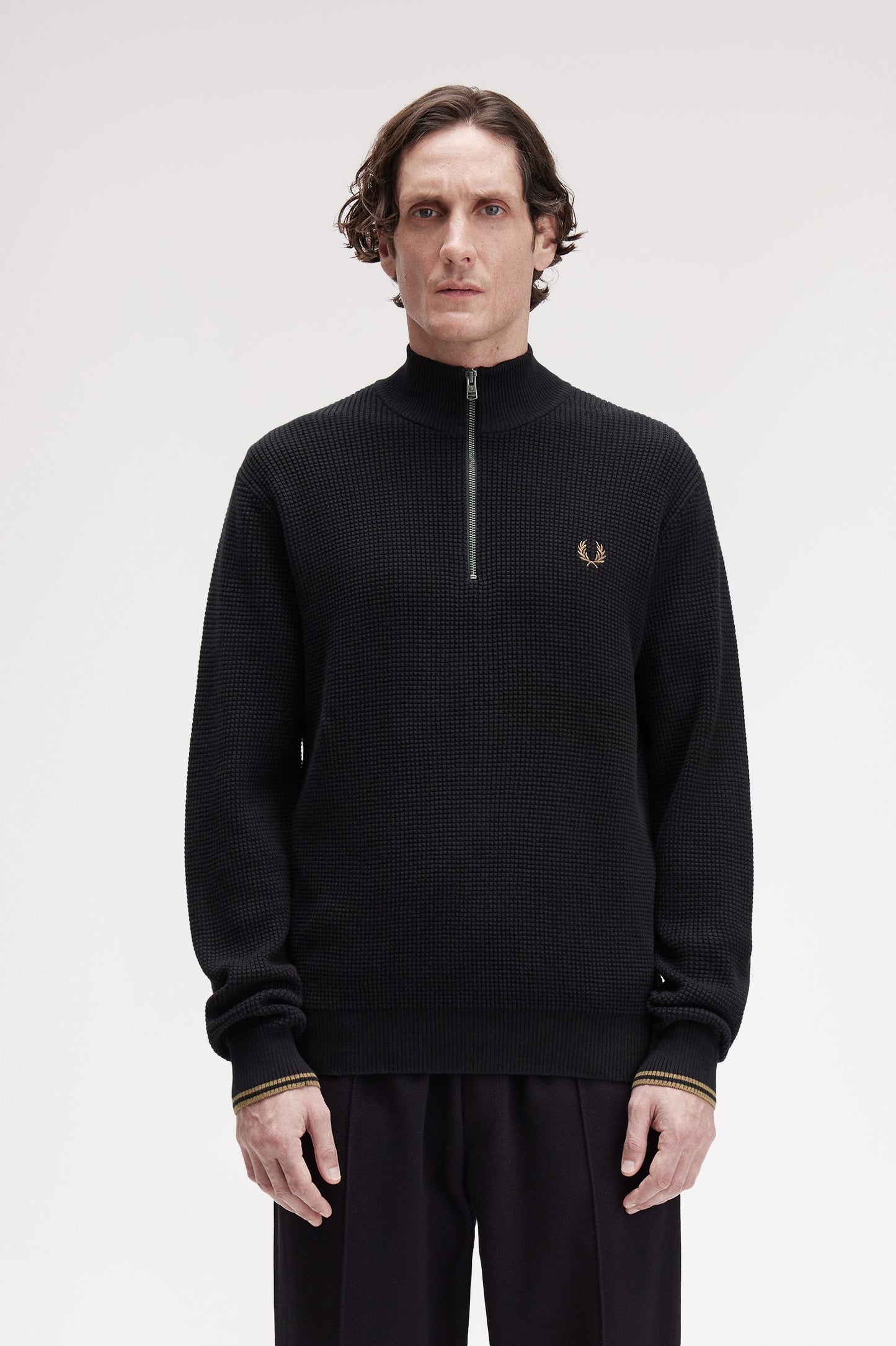 Fred Perry WAFFLE STITCH HALF ZIP JUMPER - Black