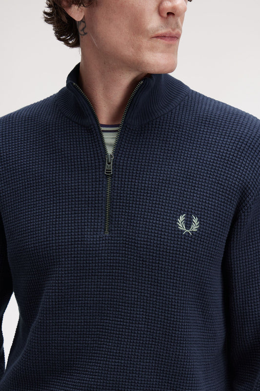 Fred Perry WAFFLE STITCH HALF ZIP JUMPER - Dark Airforce