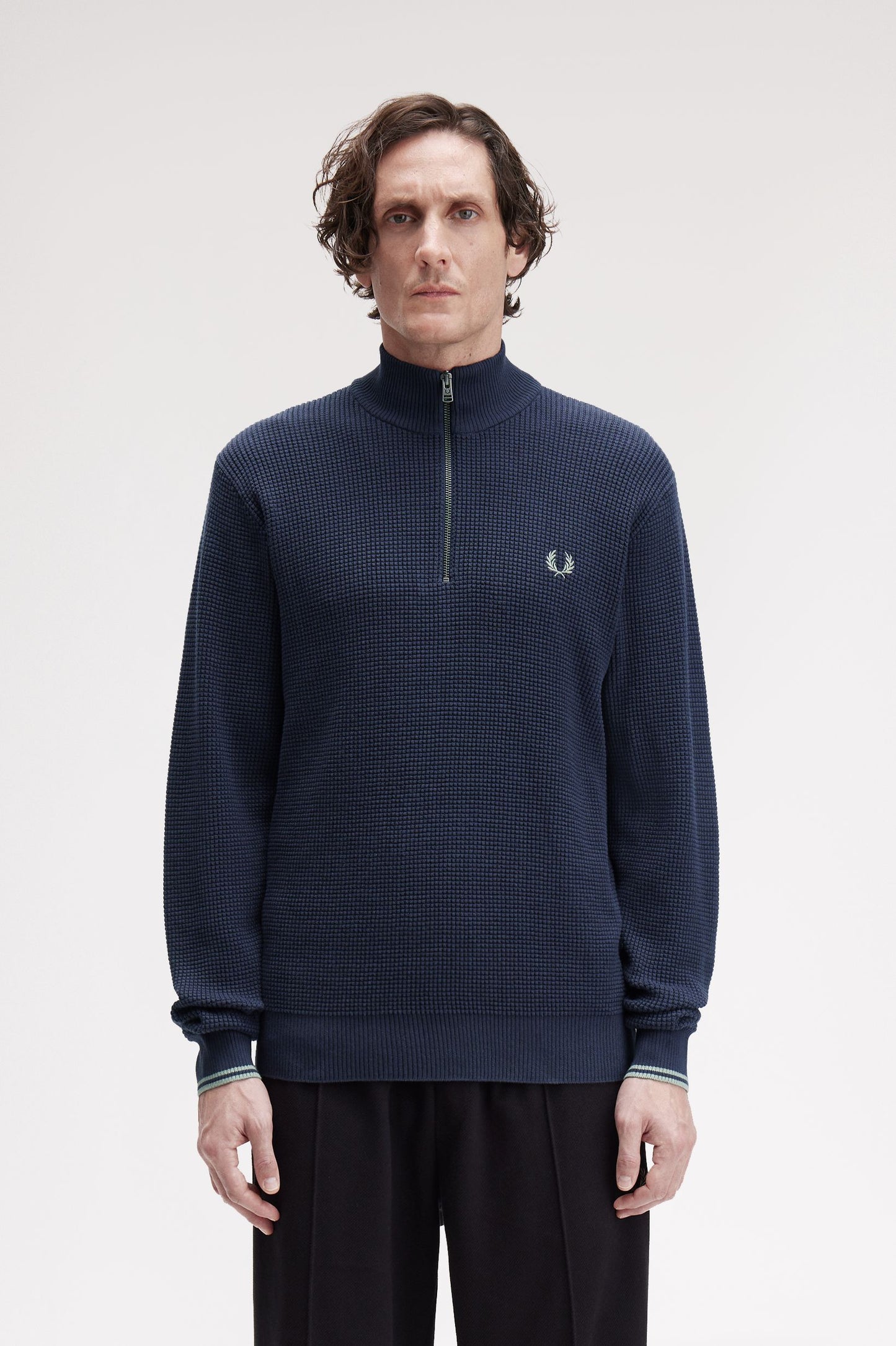 Fred Perry WAFFLE STITCH HALF ZIP JUMPER - Dark Airforce