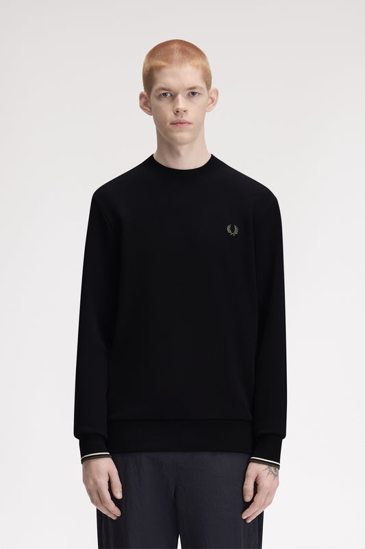 Fred Perry - CREW NECK SWEATSHIRT - Black/Ecru/Laurel Wreath Green