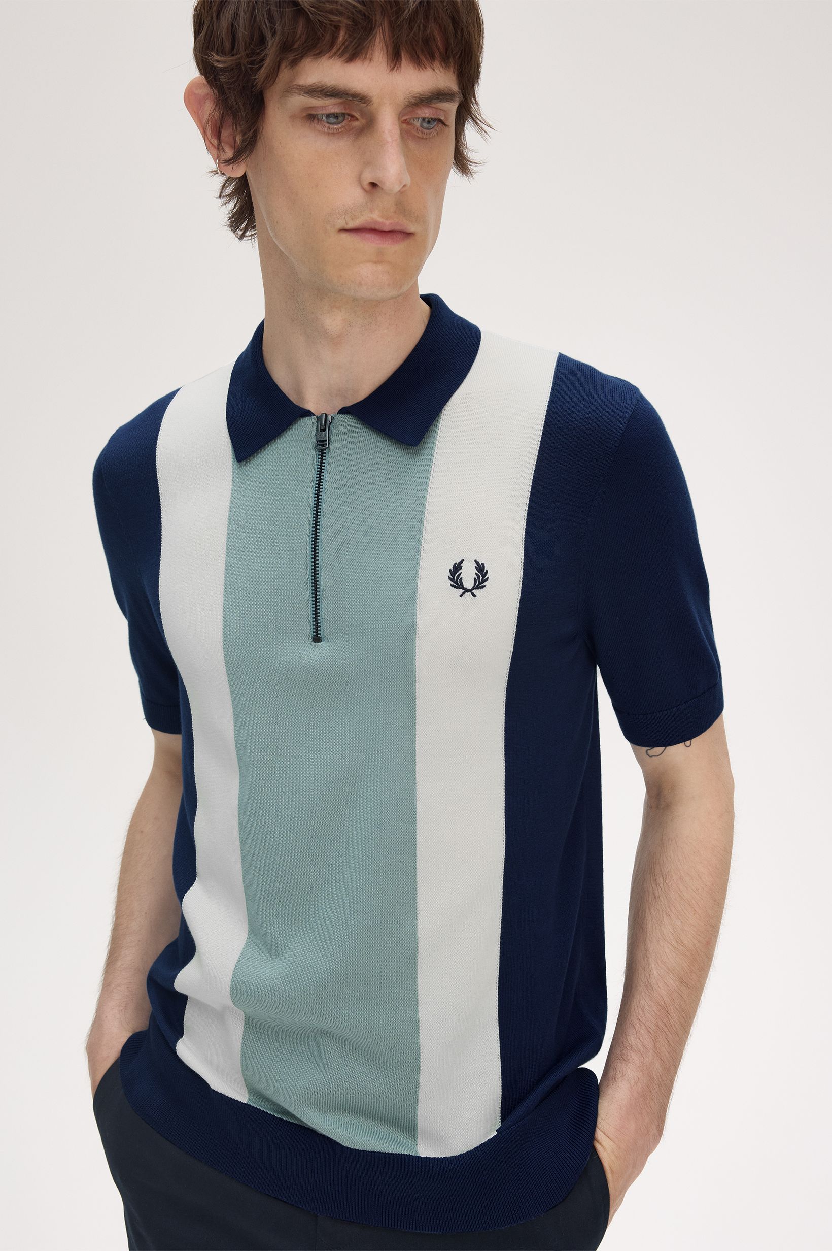 Fred Perry - VERTICAL STRIPE ZIP NECK SHIRT - Tennis Blue/Silver Blue/Ecru Fred Perry - VERTICAL STRIPE ZIP NECK SHIRT - Tennis Blue/Silver Blue/Ecru